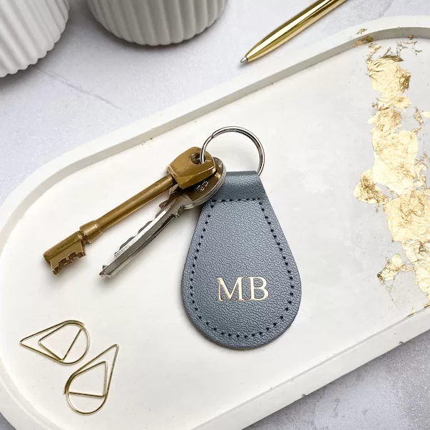 Grey leather keyring with personalised initials in gold